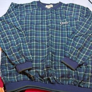 IZOD 90s BLUE GREEN PLAID NYLON GOLF Windbreaker Pullover Jacket TAIWAN mens Lg